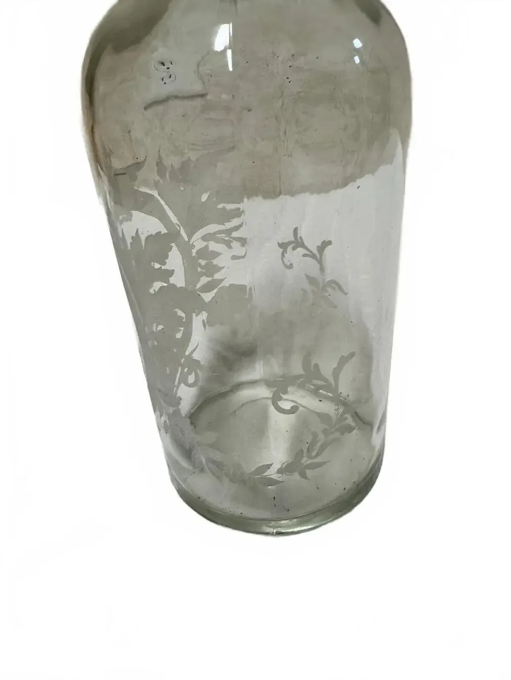 Vintage Etched Clear Glass Decanter Bottle Cork Stopper Metal Ring